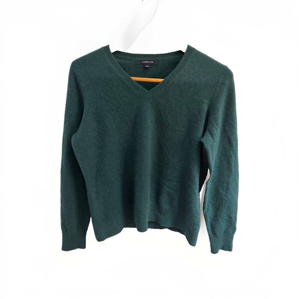 Lands'‎ End Sweater unisex kids 10-12 Green 100% Cashmere Pullover V-Neck